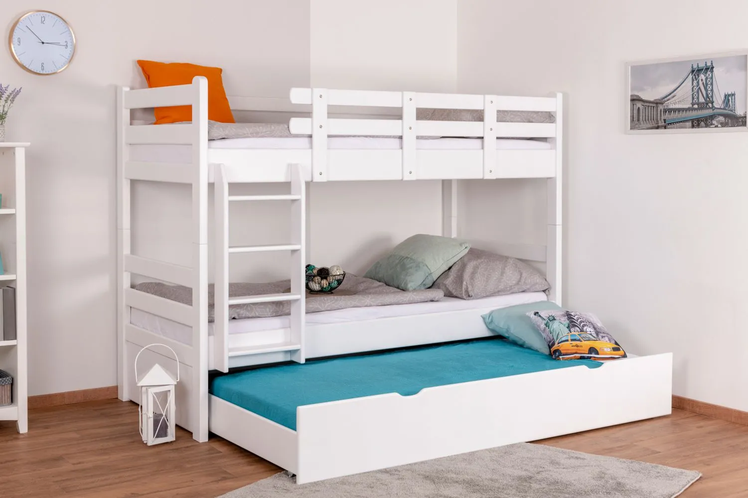 Stockbett für Erwachsene "Easy Premium Line" K20/h inkl. Liegeplatz und 2 Abdeckblenden, Kopf- und Fußteil gerade, Buche Vollholz massiv Weiß - 90 x 200 cm (B x L), teilbar