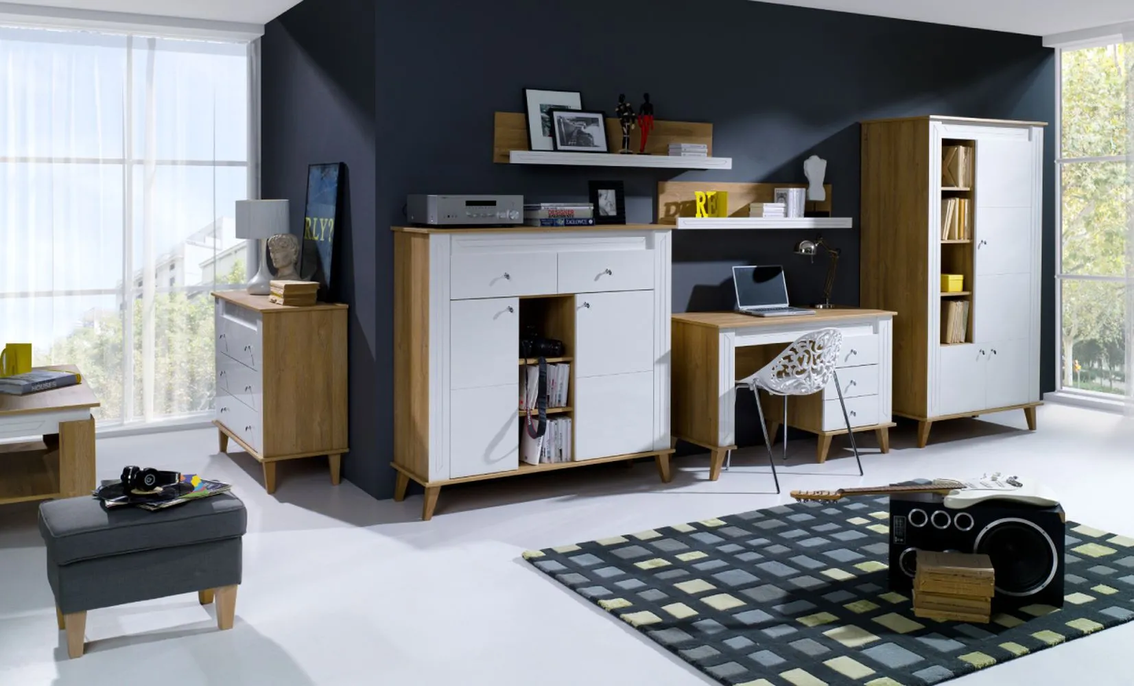 Wohnzimmer Komplett - Set A "Bambey", 6-teilig, Farbe: Eiche / Weiß