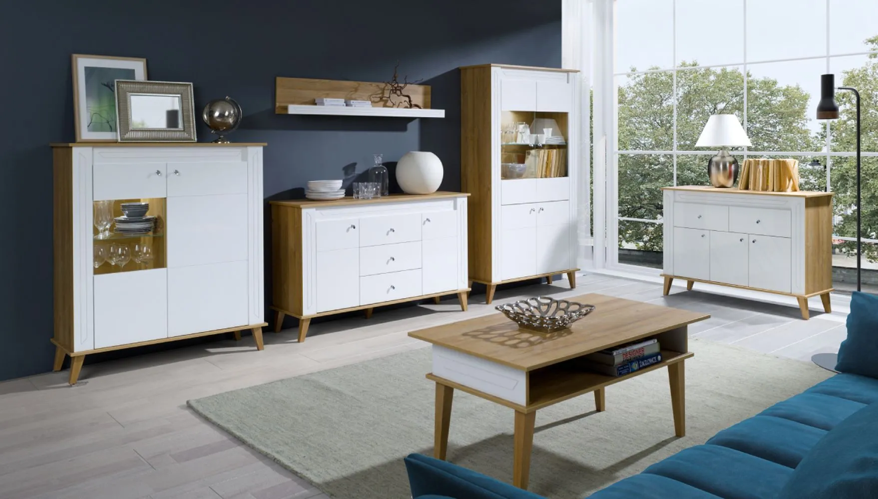 Wohnzimmer Komplett - Set B "Bambey", 6-teilig, Farbe: Eiche / Weiß