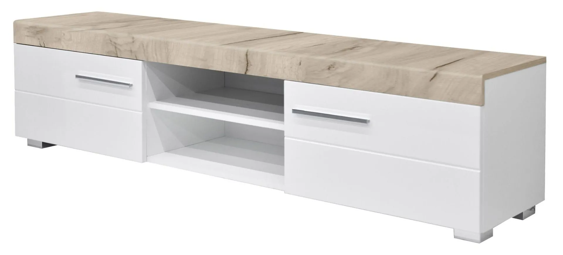 TV-Unterschrank Colmenar 03, Farbe: Eiche grau / Weiß Glanz - Abmessungen: 46 x 180 x 40 cm (H x B x T)