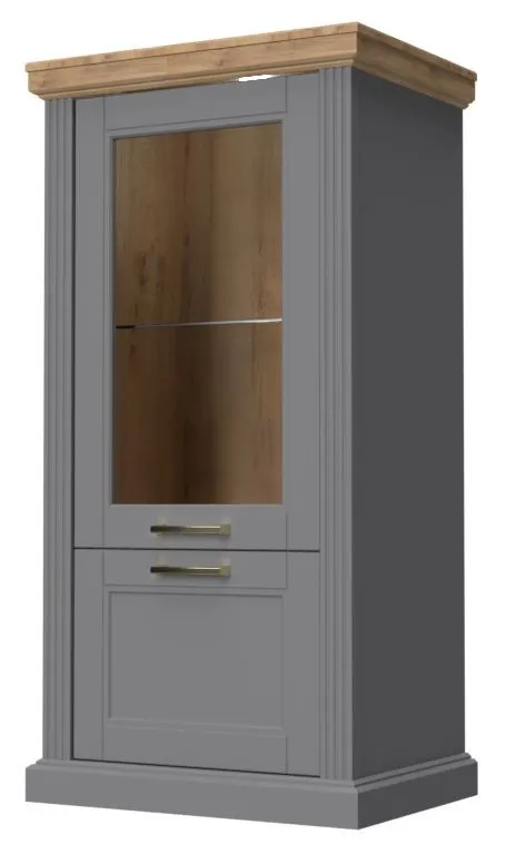 Vitrine Lotofaga 08, Farbe: Grau / Walnuss - 132 x 67 x 48 cm (H x B x T)