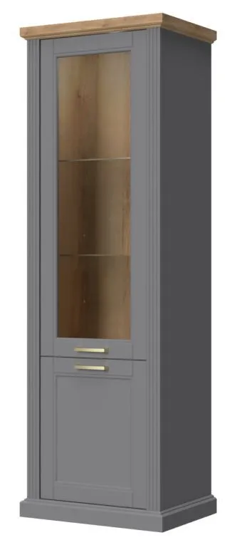 Vitrine Lotofaga 09, Farbe: Grau / Walnuss - 200 x 66 x 48 cm (H x B x T)